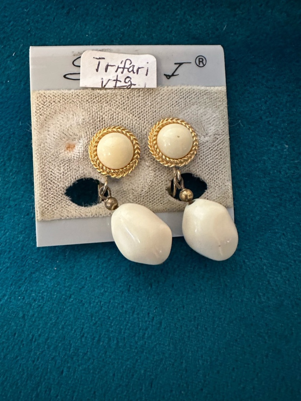 Vintage Trifari Gold-Trimmed Cream Drop Dangle Clip-On Earrings